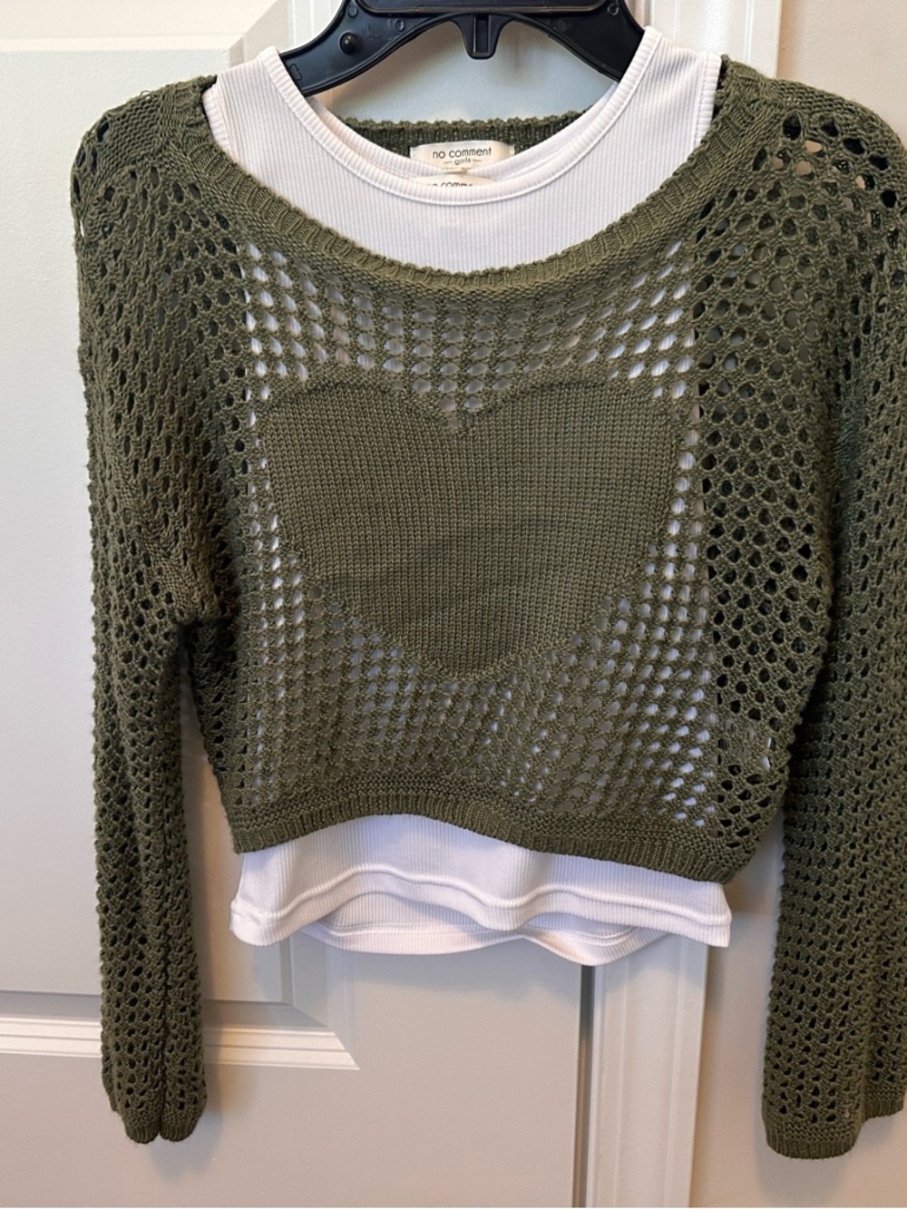 Olive Green Cropped Heart Mesh Sweater Set